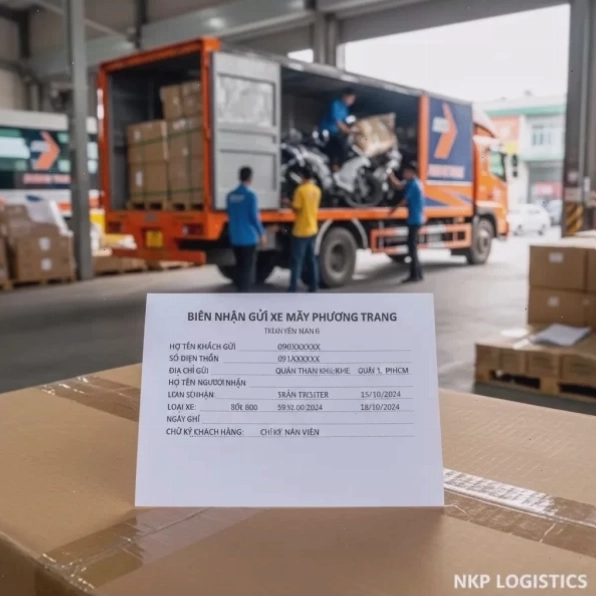 Biên nhận gửi xe máy Phương Trang thể hiện thông tin chi tiết của chuyến hàng