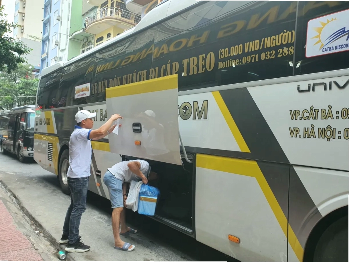 Nhân viên hỗ trợ hành khách sắp xếp hành lý trên xe Thái Bình đi Cát Bà